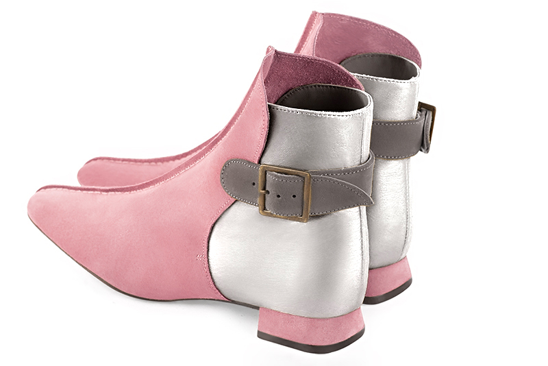 Carnation pink, light silver and pebble grey women's ankle boots with buckles at the back. Square toe. Flat flare heels. Rear view - Florence KOOIJMAN